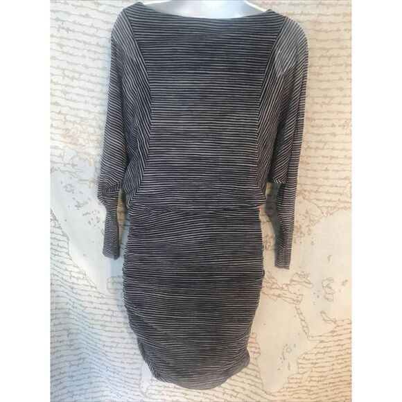 Women's Weston Wear Black Grey Striped Ruched Midi Dress sz Small.   Z - Picture 7 of 10